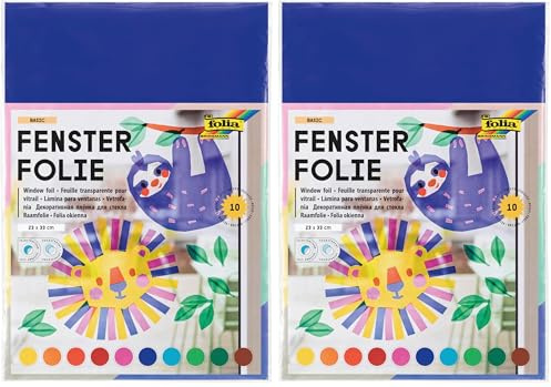 folia 455409 - Fensterfolie, selbsthaftend, transparent, farbig Sortiert, ca. 23 x 33cm, 10 Blatt - ideal zur Gestaltung von Fensterbildern (Packung mit 2)