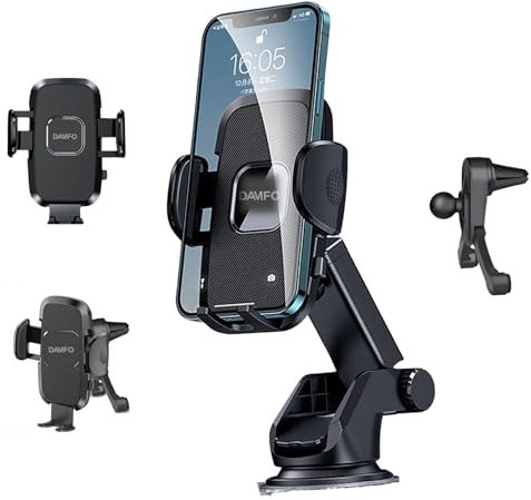 DAMFO Car Phone Mount Holder – 4-in-1 for Dashboard, Windscreen, Vent & Desk | Strong Suction & 360° Rotation | Universal Fit for iPhone 16/15/14/13, Samsung & Smartphones