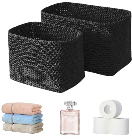 Umllpet 2er Set Aufbewahrungskorb Geflochten, Stapelbare Bad Häkelkorb aus Baumwollseil, Wäschekorb Organizer für Handtücher, Kosmetik, Schmuck, Aufbewahrungsbox für Küche, Wohnzimmer, Schwarz