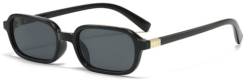 JCTAIFOO Retro Kleine Rechteckige Sonnenbrille für Damen und Herren, Vintage Schmalem Rahmen Quadratische Brille (Schwarz/Dunkelgrau)