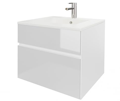 wohnartig® Stella Waschtischunterschrank – Hängend | Weiß | Weiß Hochglanz | 50,5 × 39,3 × 50 cm | Moderner Waschbeckenunterschrank mit Keramikwaschbecken | Waschbecken mit Unterschrank