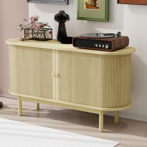 Enfilade rétro avec Portes coulissantes et Pieds en Bois de pin Armoire de Rangement avec étagères réglables armoires d’Angle pour Salon Salle à Manger Cuisine Bureau en Bois Naturel
