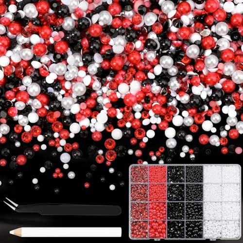 NACHLYNN 10000 Pcs Rhinestones and Pearls 3-8mm Half Pearl Bead Resin Rhinestones Kits Comes with Jewelry Pen and Tweezers Suitable for Nail Art Clothing Handmade DIY Decoration (Red White Black)
