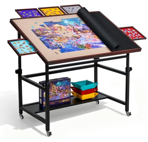 LAVIEVERT 1500 Piece Tilting Jigsaw Table with 5 Colored Drawers & Cover, Angle & Height Adjustable Puzzle Board with Storage Shelf, Portable Wooden Jigsaw Tables with Legs & 4 Wheels for Adults