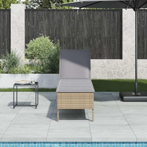 HaoChrymec Sonnenliege mit Auflage Beige, PE-Rattan, 4-Fach verstellbare Rückenlehne, Gartenmöbel, Strand Liege, Camping Liegestuhl, Sonnenliege mit Auflage, 55 x 200 x 44 cm