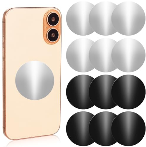 TIESOME12 Stück 4cm Metallplatte Metallplättchen Selbstklebend,Handy Metall Platte Schwarz + Silber Magnet Handyhülle Magnet für Magnete Kfz Zubehör Handy Handyhalterung