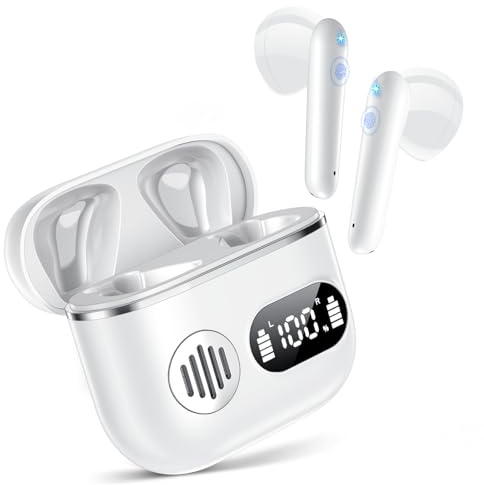 Cuffie Bluetooth,Auricolari Bluetooth 5.3 - Cuffie Wireless con 4 ENC Cancellazione Rumore Mics, Cuffie in Ear 42 Ore di Riproduzione, Cuffiette Senza Filo Stereo HiFi per iOS/Android - Avorio Bianco