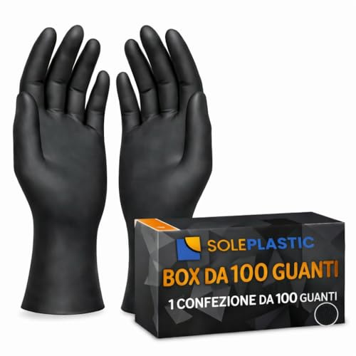 SOLEPLASTIC 100 Guanti Nitrile NERO (TAGLIA L) - 1 Confezione da 100 - Senza Lattice e Senza Polvere, Guanti Monouso Idonei per Alimenti, Uso Medico, Cucina, Tattoo e Non Solo