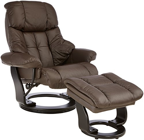 Robas Lund Relaxsessel Calgary mit Hocker, bis 130 kg belastbar, drehbarer Fernsehsessel mit Liegefunktion, Echtleder braun, Gestell Holz schwarz