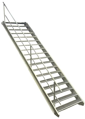 18 Stufen Stahltreppe mit einseitigem Geländer/Breite 100cm Geschosshöhe 299-360cm / Robuste Außentreppe/Wangentreppe/Stabile Industrietreppe für den Außenbereich/Inklusive Zubehör