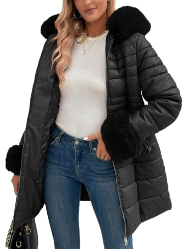 Geschallino Piumino Lungo da Donna Cappotto Parka con Inverno Imbottitura Bolle con Collo in Pelliccia Sintetica Rimovibile SS804 Nero XXL