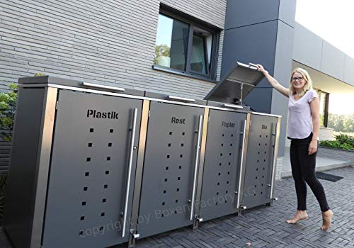 Boxen-Factory 4er Edelstahl Mülltonnenbox 240L Klappdach mit Fußöffnung, Farbton DB703 Eisenglimmer