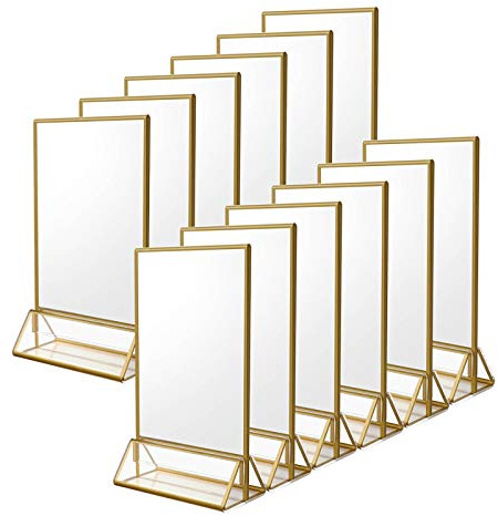 NIUBEE 12Pack 4 x 6 Clear Acrylic Wedding Table Number Holder Stands with Gold Borders, Double Sided Gold Picture Frames Sign Holder for Restaurant Table Menu Recipe Cards Photo Display