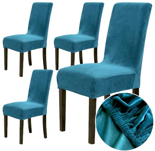Chickwino Stuhlhussen 4er Set Samt Stretch Stuhlhussen für Esszimmerstühle, Abnehmbare Waschbar Für Hochzeit, Hotel, Küche, Bankett, Partys Deko Universal Grau Stuhlhussen (4er,Türkis)