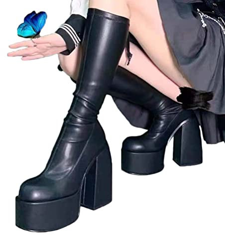 ORANDESIGNE Donne Punta Rotonda Stivali Lunghi Tacco Grosso Stivali con Piattaforma Moda Stivali da Cavaliere Goth Punk Scarpe da Festa Stivali da Motociclista A Nero 37 EU