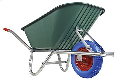 BPA Schubkarre Schubkarren Vollgummi Vollgummirad Vollgummireifen pannensicher Bauschubkarre Scheibtruhe | 100 Liter Mulde PP grün Kunststoff | PU Rad blau kugelgelagert | verzinkter Rahmen