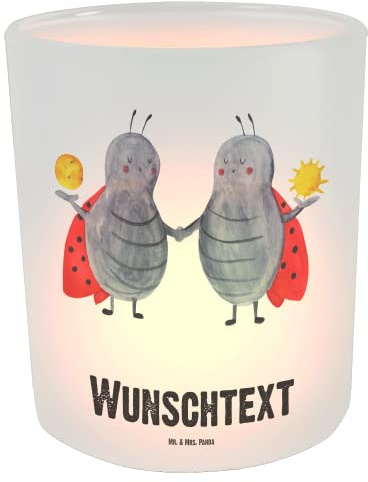 Mr. & Mrs. Panda Teelichthalter personalisiert Sternzeichen Zwilling - Personalisierte Geschenke, Geburtstag Mai, Personalisiertes Windlicht, Kerzenglas, Zwillinge, Laterne, Marienkäfer, mit Namen