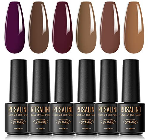 ROSALIND Esmaltes Semipermanentes Para Uñas en Gel U V LED, Pintauñas Semipermanentes Púrpura Marrón,6 Colores Mini Kit Uñas Semipermanentes Set de manicura