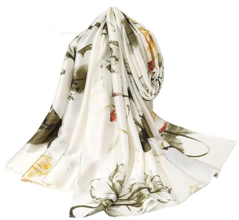 WEIGEER Silk Scarf Women Bufanda de seda para mujer chal de gasa bufanda de loto pañuelo para delgada playa cinturón de hiyab chal de novia bufanda de gasa (White-flower)