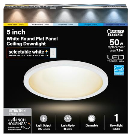 Feit Electric 4 Inch LED Ceiling Downlight, Dimmable Flat Panel Ceiling Light with Color Selection (5CCT), Fits Most 4 Inch Recessed Cans, TP24 Adapter Included (5x 5x 0.5), 4 Pack, 74202/6WYCA/4