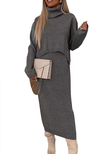 shownicer Damen Strickkleid Zweiteiliger Anzug Rollkragen Winterkleid Langarm Pullover und Maxi Strickrock Bodycon 2 Stück Set Sweater Midikleid Pullikleid Gestrickt Kleid Set