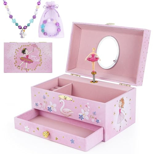 Hombrima scatola portagioielli musicale con cassetto per collane e braccialetti, scatola regalo musicale con balletto rotante, set regalo per bambini, per ragazze (Rosa-il Balletto)