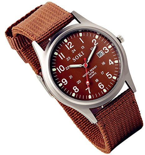 Silverora Herren-Armbanduhr, Militär, Sport, für Herren, Arbeitsuhr auf dem Feld, analog, Sport-Armbanduhr, Business, Casual, Nylon, Kaffeefarben-Ziffernblatt