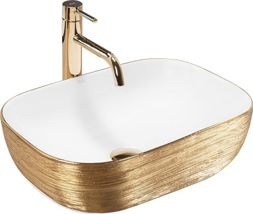 Rea Vasque à poser Belinda White GOLD BRUSH Lavabo Salle de Bain 33 x 46 x 13,5 cm en Céramique (Blanc/doré)
