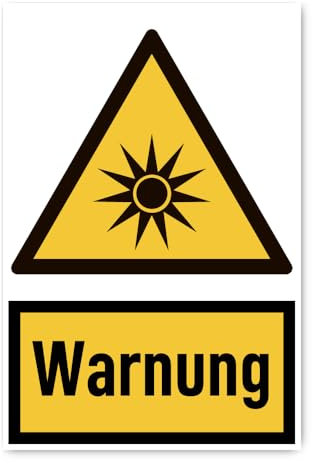 Aufkleber: 300x200 mm, 1 Stück - Signalwort Warnung vor optischer Strahlung - Warnzeichen mit Text (deutsch) (gelb/schwarz) - hochkant - W027 - DIN EN ISO 7010 / ASR A1.3