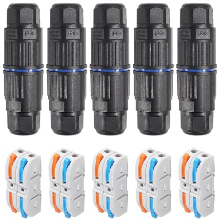 Dealikee 5PCS IP68 Waterproof Junction Box, Outdoor 2 Way Electrical Cable Connector, Replaceable Lever Wire Connectors for AWG 28-12, Quick Screwless Installation