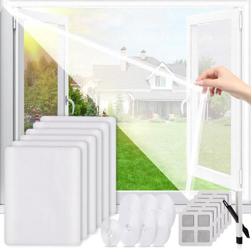 6 Stück Fliegengitter Fenster, 1.3m x 1.5m Moskitonetze für Fenster mit 7 Rollen Selbstklebend und 6 Flicken, Zuschneidbar Fliegennetz Fenster Ohne Bohren Selbstklebend Schwarz Insektenschutz Fenster