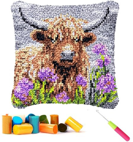CCWROAN Highland Cow Cushion Covers Craft Kits Animal Latch Hook Kits for Adults Beginners Kids Making Crochet Pre Printed Canvas Wool Yarn Hobbies DIY Sofa Home Decor Women Gift 4
