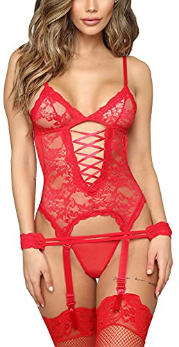 mini kitty Sexy Lingerie Set Babydoll Bodysuit See Through Floral Lace Corset Hollow Out Nightwear with Thong Suspender Belt Stocking 4 Pieces Sleepwear for Cosplay Valentine