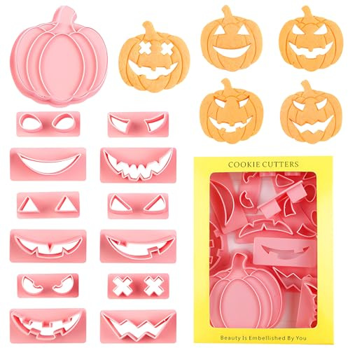 GreenYeah 13PCS Cortadores de Galletas de Halloween, Expresiones Reemplazables, 3D Plástico Calabaza Cortadores de Galletas para Niños para Galletas Fondant