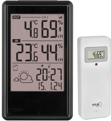 TFA Dostmann Stazione meteo radio con sensore esterno ETNA, 35.1173, termometro/umidità interna esterna, con orologio radio, previsioni meteo con simboli, controllo climatico, digitale, ben leggibile