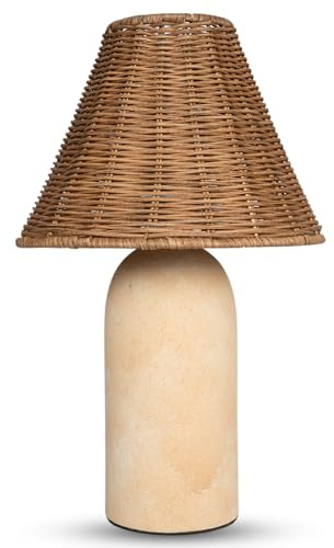 14 Small Mini Wicker Table Lamp – Handmade Ceramic Base with Rattan Shade, Dimmable Nightstand or Accent Light for Nursey, Kitchen Counter, Small Spaces, Bookshelf, Nightstand – Boho Decor