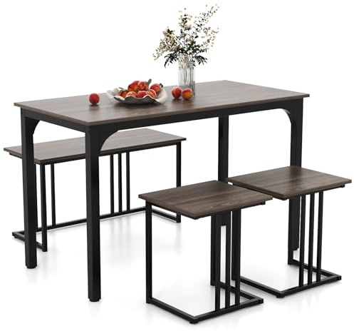 COSTWAY Dining Table and 2 Stool Set with 1 Bench, 4 Pieces Industrial Breakfast Table Chair Set, Metal Frame Dining Room Furniture for Home Kitchen Bar (Oak Grey)