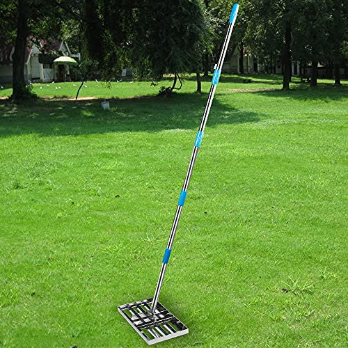 Aikimfuly Râteau de nivellement de pelouse en acier inoxydable de 2,5 m, longueur réglable à long manche pour jardin, jardin, pelouse, ferme, golf
