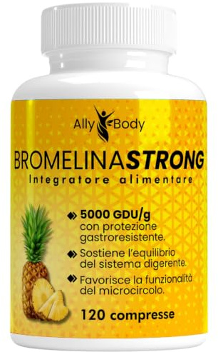 Bromelina Forte Drenante 5000 GDU/g Gastroresistente, 120 Compresse da Gambo d’Ananas per Drenaggio Liquidi, Gambe Pesanti, Gonfiore Addominale, Microcircolo e Cellulite, 60 Giorni