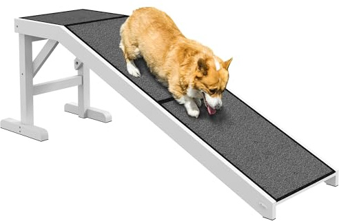 PawHut Rampa para Perros de Madera Rampa para Mascotas para Cama/Sofá con Alfombra Antideslizante para Perros Pequeños Medianos y Grandes 152x40x50 cm Blanco y Gris