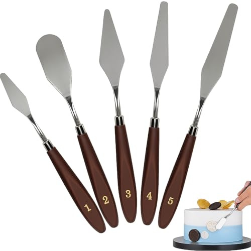 5piece Cake Spatula Set - Stainless Steel Cake Knife - with Frosting Spatula - Palette Knife and Pallet Knife - Suitable for Cake Decorating, Art Painting, Baking, and Fondant Work
