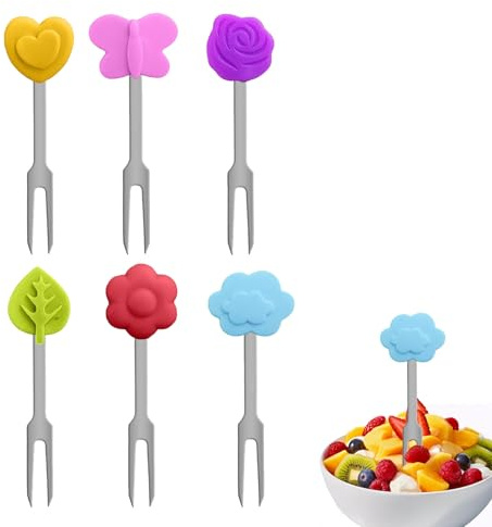 Piekser Fingerfood Lot de 6 fourchettes à fruits, pour enfant, en acier inoxydable, pour fête, pique-nique, boîte à pain, fourchettes à gâteau, brochettes à fruits