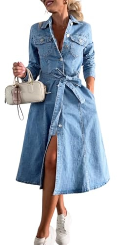 chouyatou Women's 2025 Long Sleeve Belted Denim Shirt Dress A-Line Business Casual Midi Long Denim Coat (Medium, Blue)