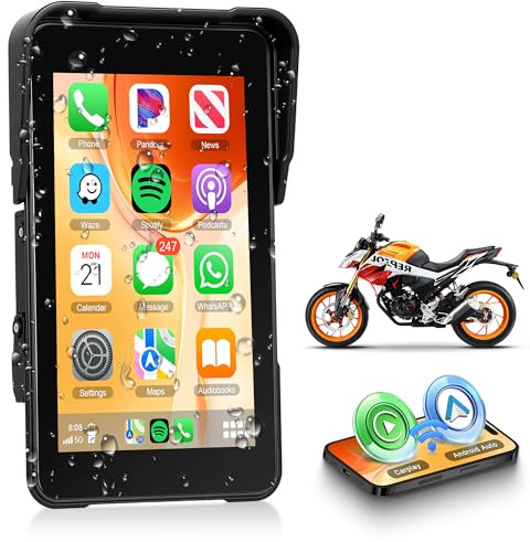 5 Zoll Vertikaler Touchscreen Carplay Bildschirm für Motorrad Kabellos Carplay & Android Auto Display für Motorräder, Wireless CarPlay Autoradio für Moto IP68 Wasserdichter Bluetooth Helme & Kopfhörer