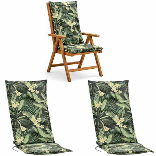 BURI 2X Auflagen Set Hochlehner für Gartenstühle 120x48x6cm Sesselauflagen Polster UV Lichtecht - Gartenstuhlauflagen Dschungel Muster Stuhlkissen mit Dicker Schaumstoff Füllung (Grün)