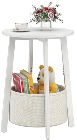 sthmec Small Round Side End Table with Cloth Storage Basket, Round Bedside Sofa Couch Coffee Tables for Small Places with Metal Frame, Modern Nighstands for Living Room Bedroom,White