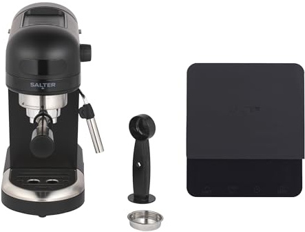 Salter Espirista & Coffee Scale Set - 1.4 L BPA-Free Ground Coffee Machine, 3kg Cap. 0.1g Precision Scale with Timer, Single/Double Function, Milk Frother, 15-Bar Italian Pressure, Rechargeable, Black
