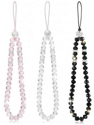 Générique Cordon de Téléphone à Cristaux 3 Pièces Chaîne de Téléphone et Bracelet de Poignet avec Perles Lot de 3 Couleurs pour Femmes Filles Accessoire Décoratif Noir Rose Blanc