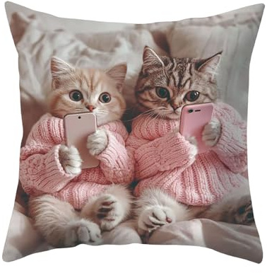 TROYSINC 2er Kissenbezug mit Katzenmuster Set, Dekorative Katzen Wurfkissenbezüg 45x45cm, Kissenhülle für Sofa Wohnzimmer Schlafzimmer (A)