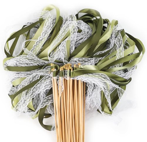 50 Stück Wedding Wands, Stäbe mit Groß Glöckchen und Hochzeitsbändern, Seidenfeenstab, Zauberstäbe Hochzeit Luftschlangen, Zauberstäbe Seidenfeenstab für Hochzeiten, Geburtstage,Feiertagsfeiern (Grün)